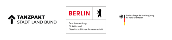 Logoleiste mit den Logos von Tanzpakt Stadt-Land-Bund, der Senatsverwaltung für Kultur und Gesellschaftlichen Zusammenhalt Berlin sowie vom Beauftragten der Bundesregierung für Kultur und Medien 